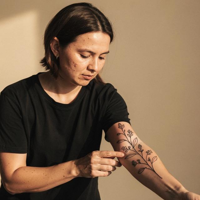 Artist Iryna Kovalenko reviewing a healed fine-line tattoo on a client forearm