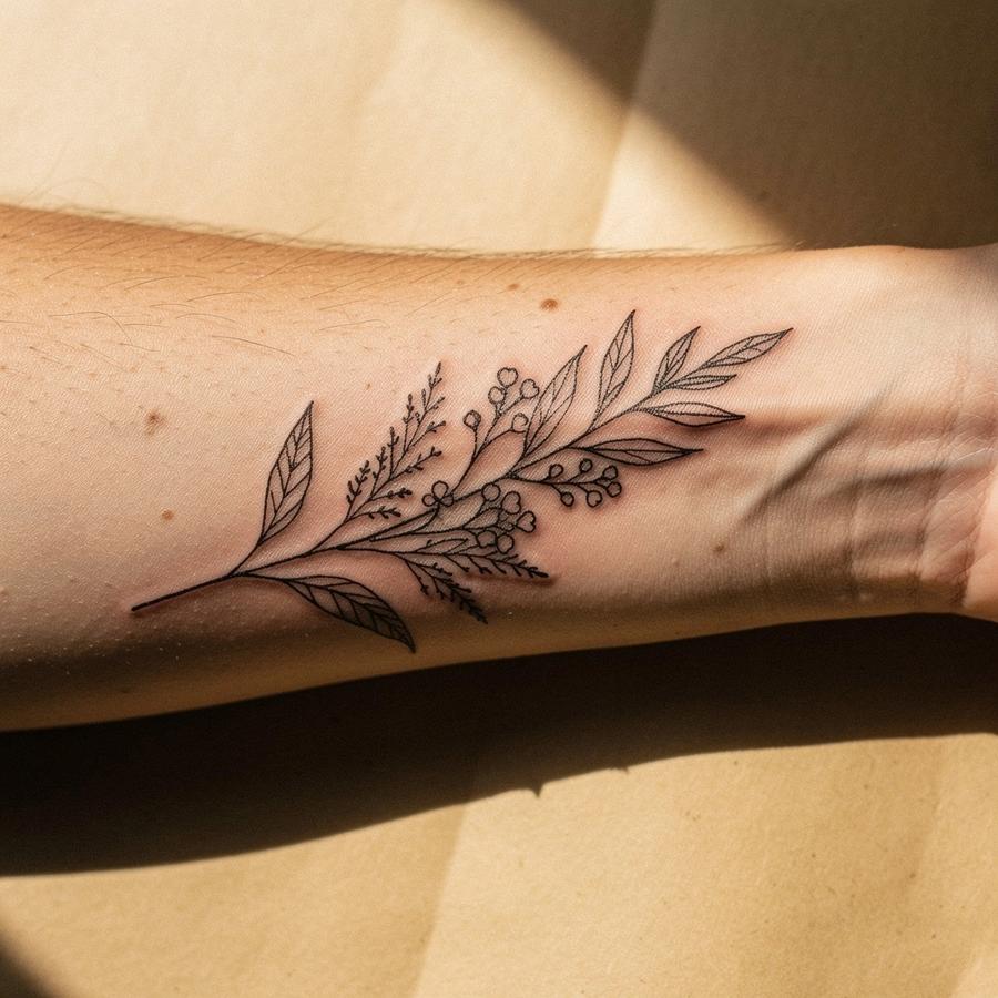 Healed fine-line botanical tattoo on a forearm, shot in daylight
