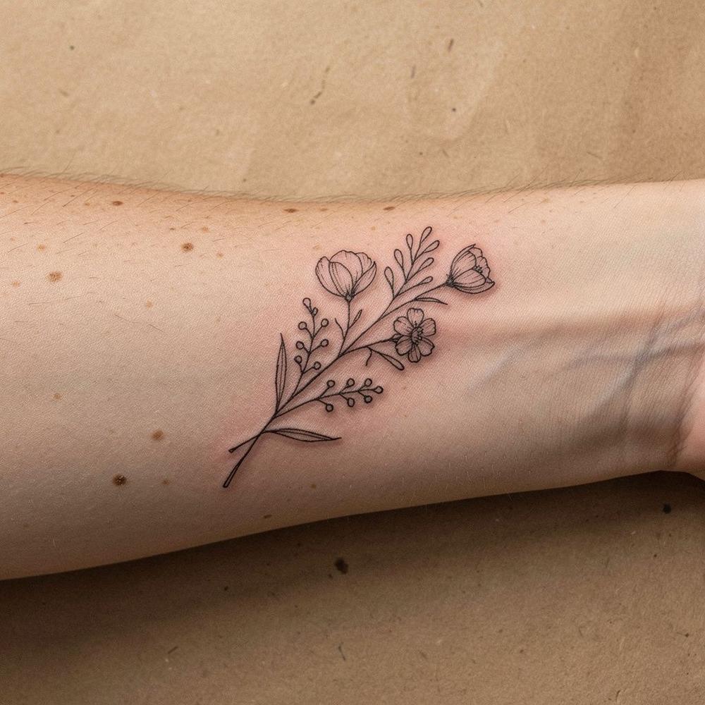 Healed fine-line tattoo on a forearm